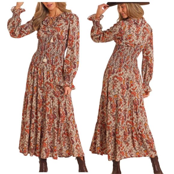 ROCK&ROLL DENIM Smocked Maxi Long Sleeve Boho Ruffled Paisley, Rust/Multi - L - Picture 11 of 11